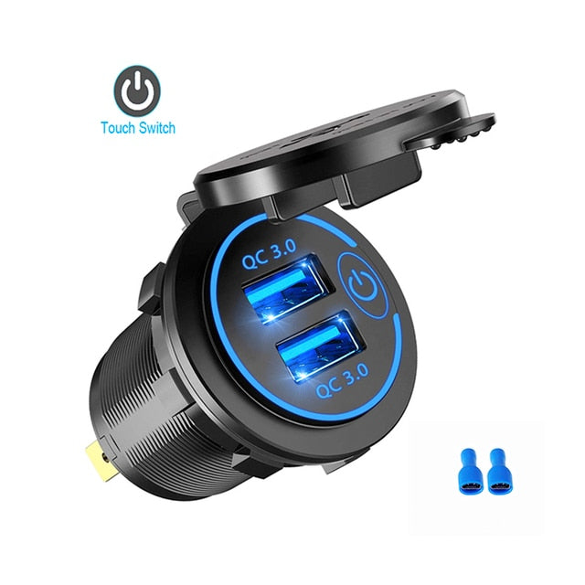 Quick Charge 3.0 Dual USB  Fast Car Charger Socket Accessories Waterproof 12V/24V QC3.0 Power Outlet with Touch Switch&Led Light