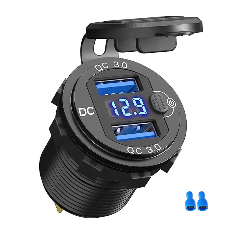 12/24V Aluminium Metal 36W QC3.0 Dual USB Car Motor Charger Socket Waterproof  With Voltmeter Switch Fast Quick Charge Adapter